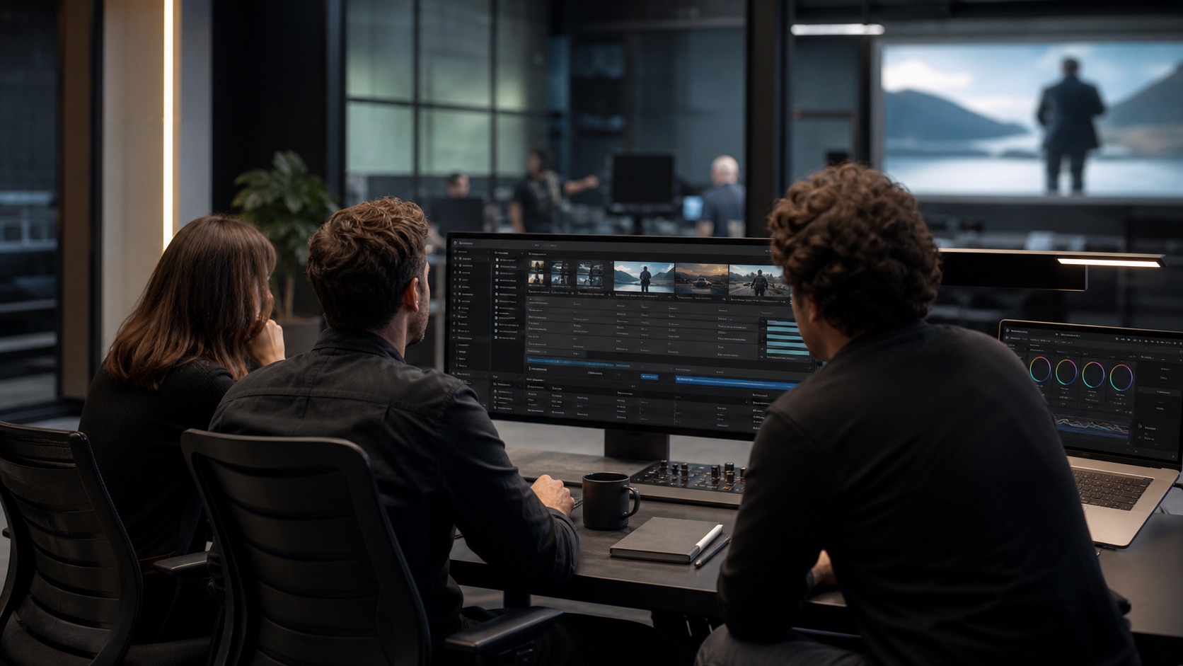 FinishCue pricing demo in a post-production review room